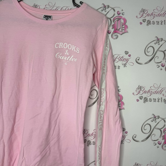 Crooks & castles long sleeve top pink white logo on arms striped rare retro cute - Picture 3 of 7